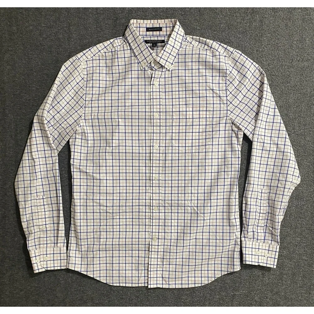 Banana Republic Mens M Slim Flex Fit Tech Stretch Cotton Check Shirt Long Sleeve